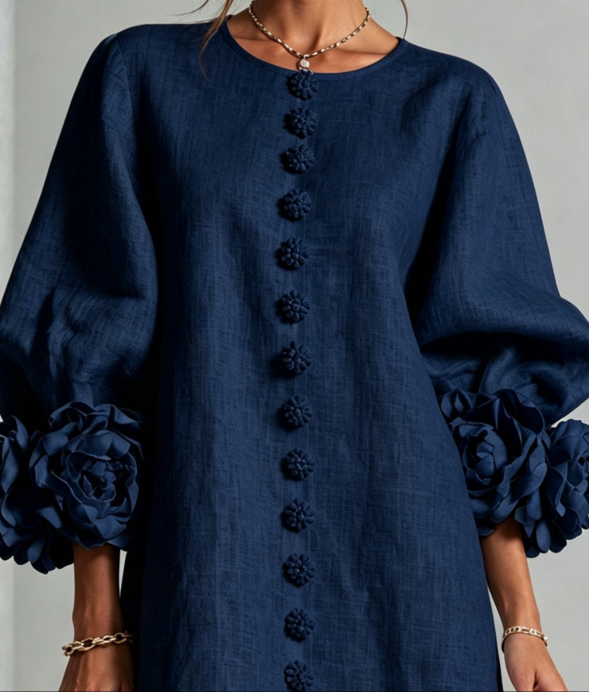 Clementine | Rosette-Cuff Button Shift Dress
