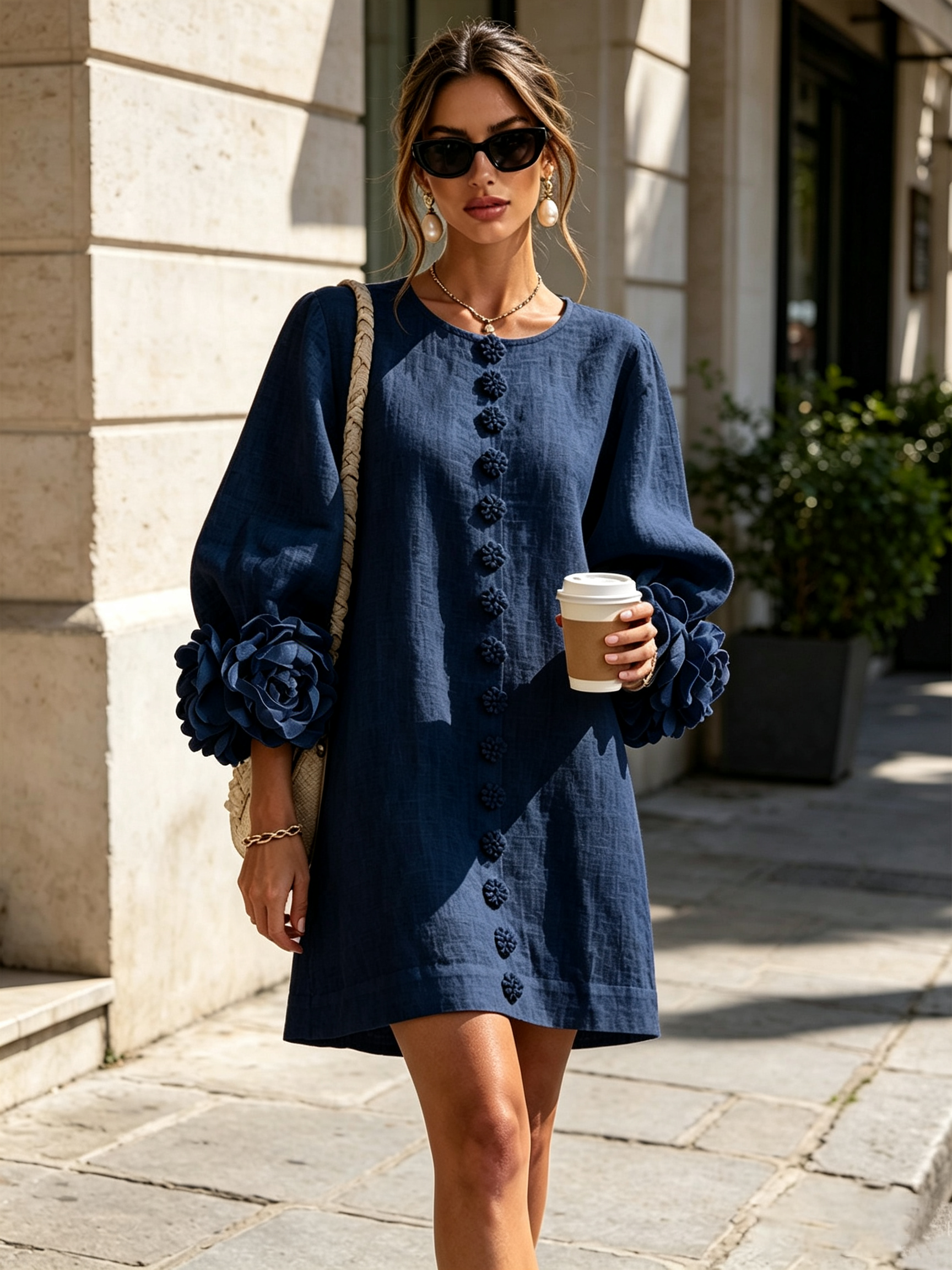 Florence™ | Floral Button-Down Mini Dress with Rose Knot Cuffs