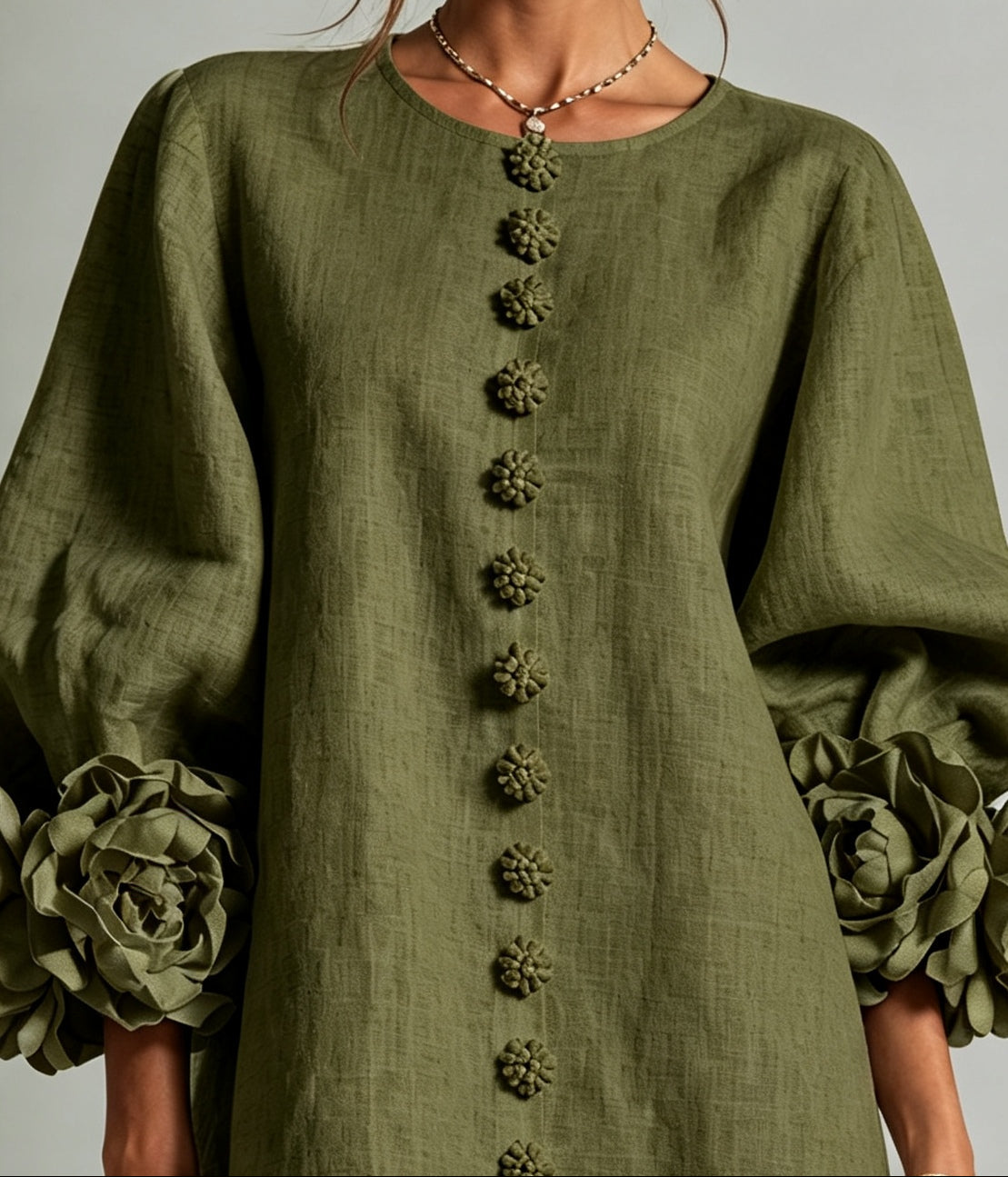 Clementine | Rosette-Cuff Button Shift Dress