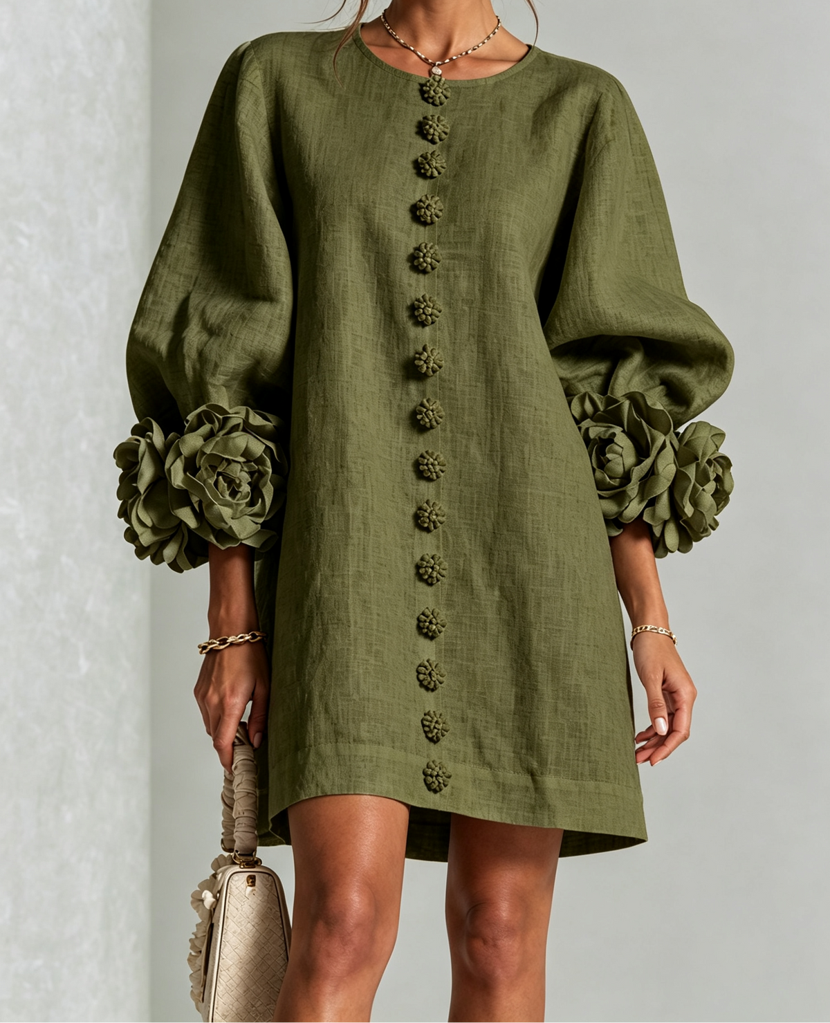 Clementine | Rosette-Cuff Button Shift Dress