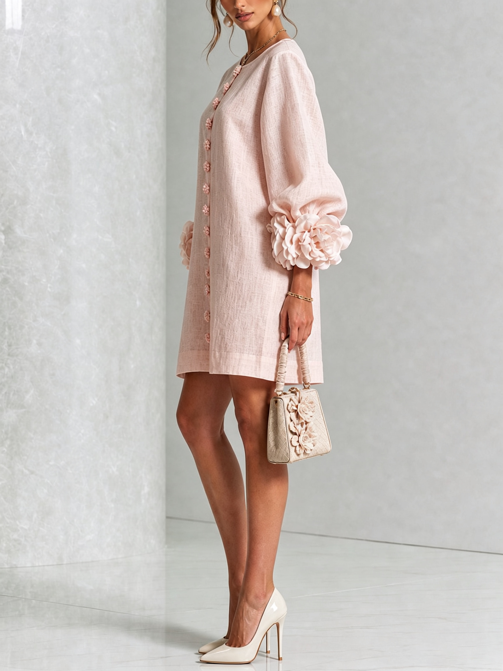 Florence™ | Floral Button-Down Mini Dress with Rose Knot Cuffs