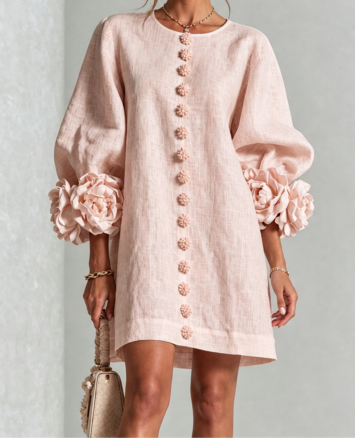 Clementine | Rosette-Cuff Button Shift Dress