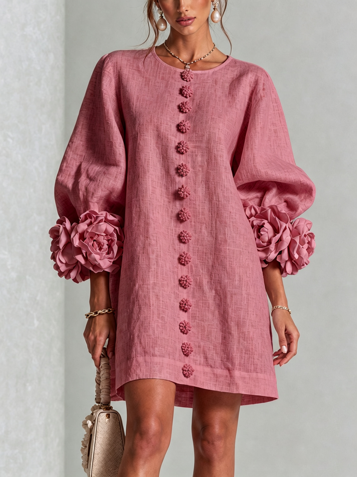Clementine | Rosette-Cuff Button Shift Dress