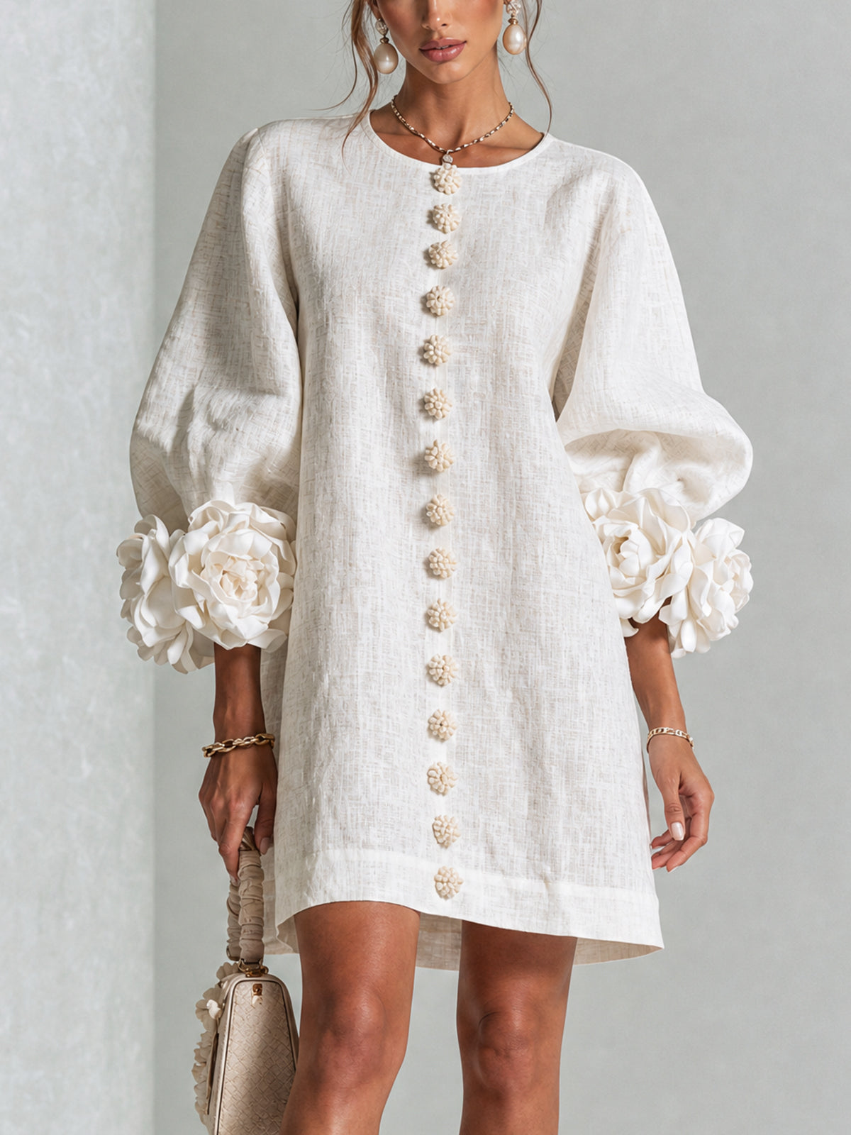 Florence™ | Floral Button-Down Mini Dress with Rose Knot Cuffs