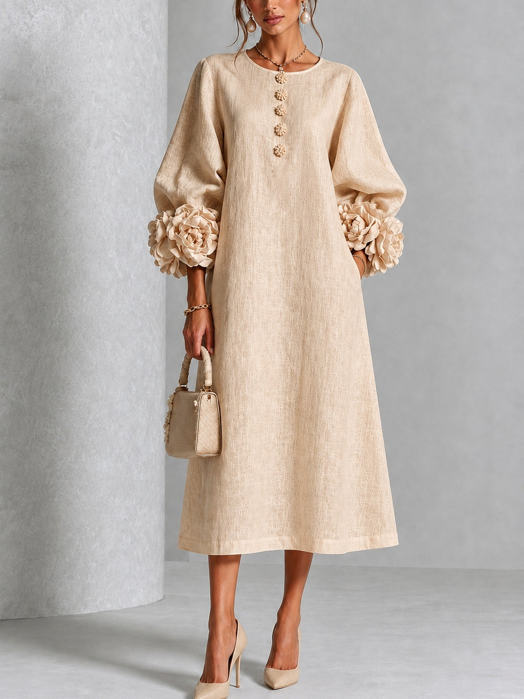 Giselle™ | Floral-Cuff Button-Front Midi Dress
