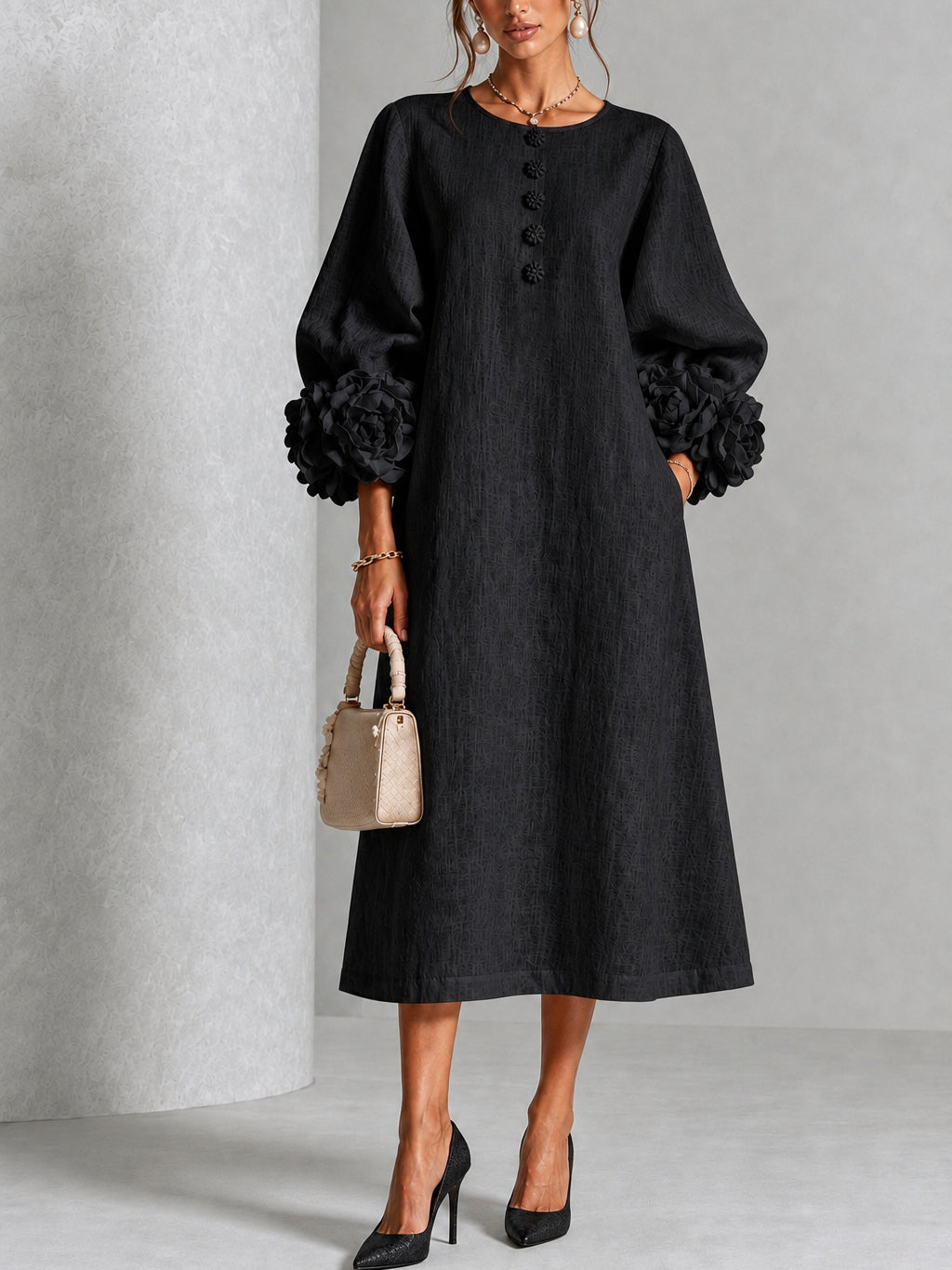 Dawnflora™ | Floral-Cuff Button-Front Midi Dress