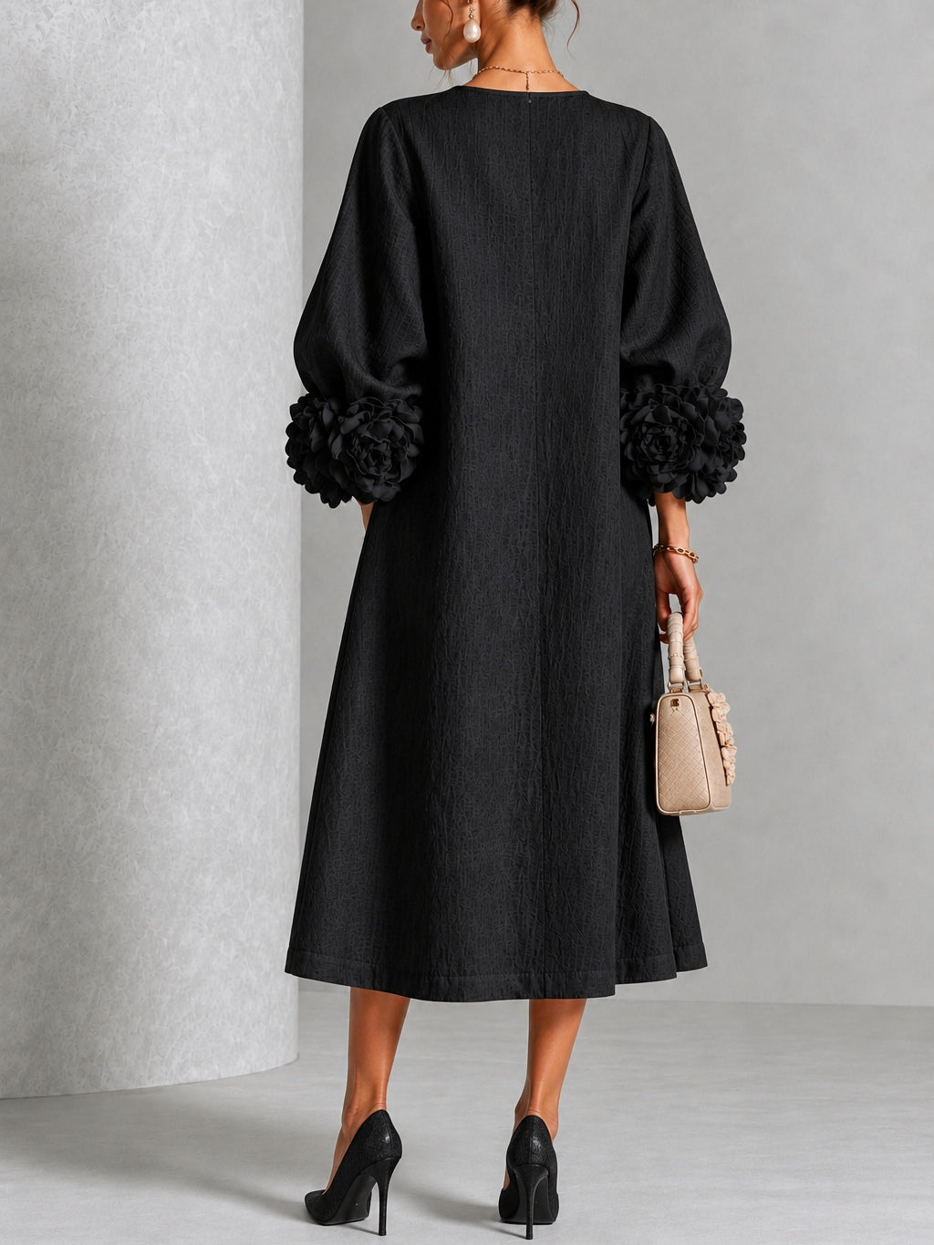 Dawnflora™ | Floral-Cuff Button-Front Midi Dress