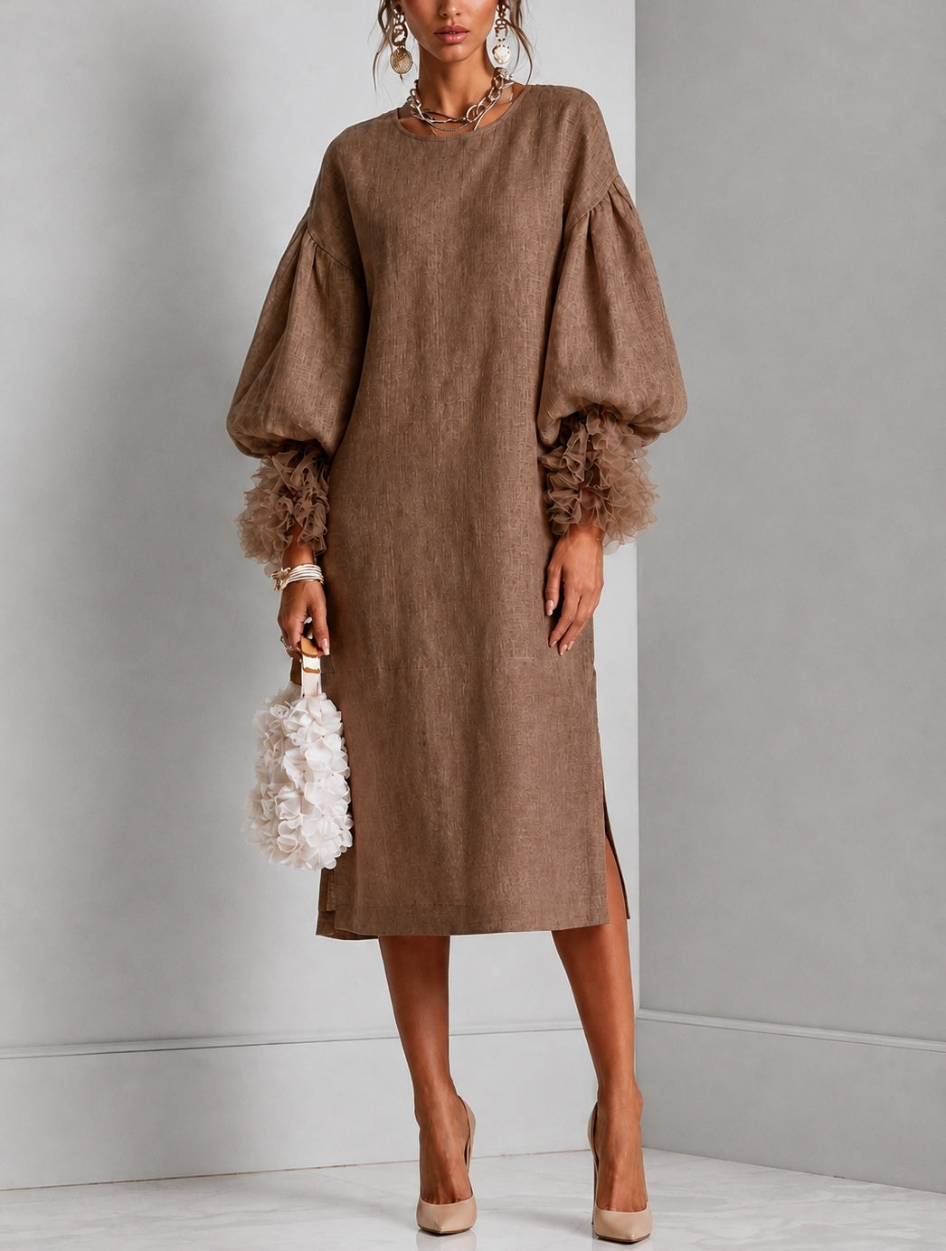 Fiorella™ | Drawstring-Waist Midi Dress with Lantern Sleeves & Ruffled Cuffs