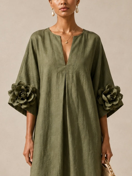Floravaine™ | V-Neck Midi Dress with Floral Cuffs