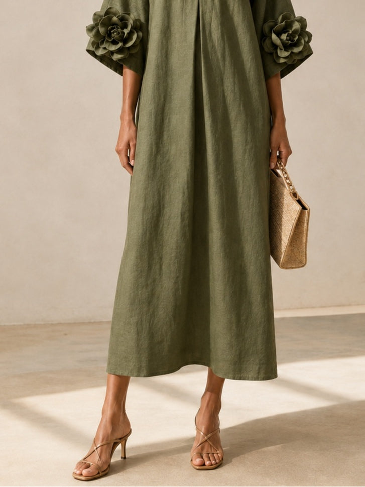 Floravaine™ | V-Neck Midi Dress with Floral Cuffs