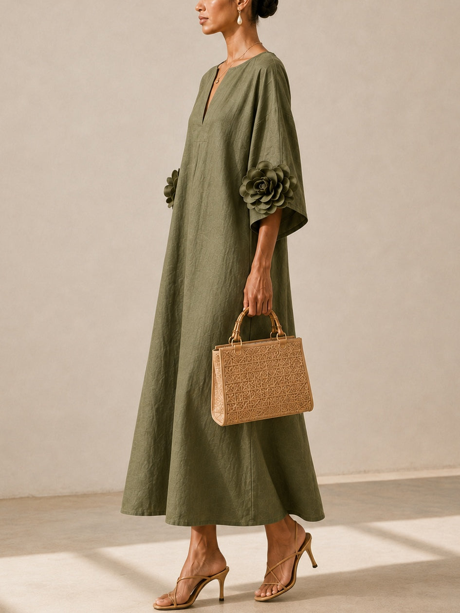 Floravaine™ | V-Neck Midi Dress with Floral Cuffs