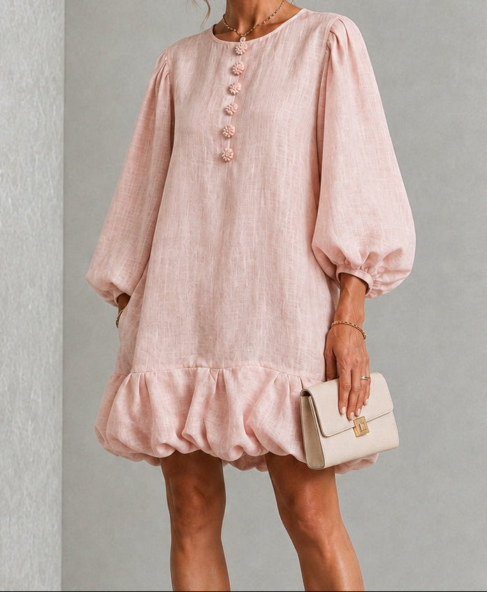 Anneliese | Button-Front Puff-Sleeve Dress with Ruffled Hem