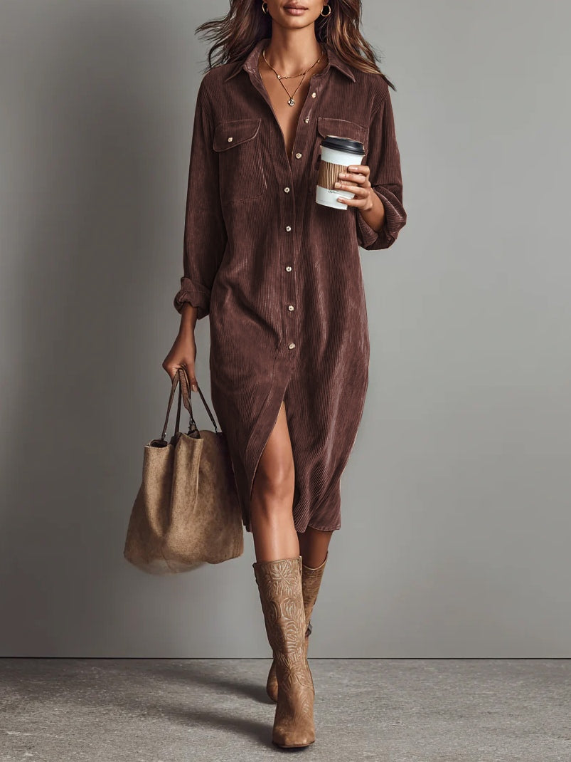 Nadine™ | Corduroy Shirt Midi Dress