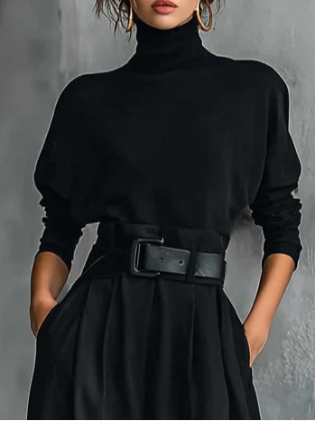 Estelle™ | Turtleneck Long-Sleeve Top & Wide-Leg Pants Two-Piece Set with Belt