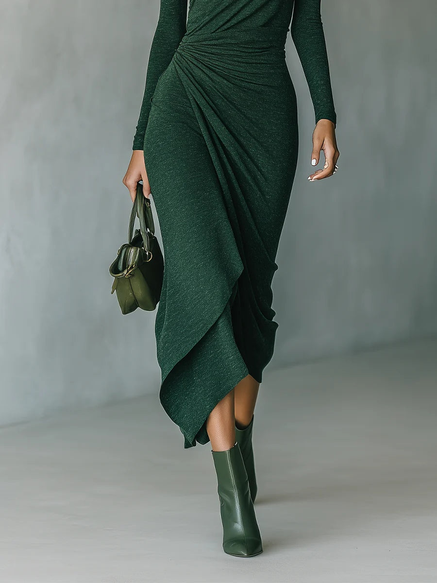 Honoria | Asymmetric Pleated Wrap Midi Dress