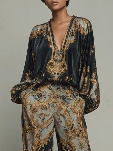 Joceline™ | Baroque Print Two-Piece Set with Wide-Leg Trousers and V-Neck Top