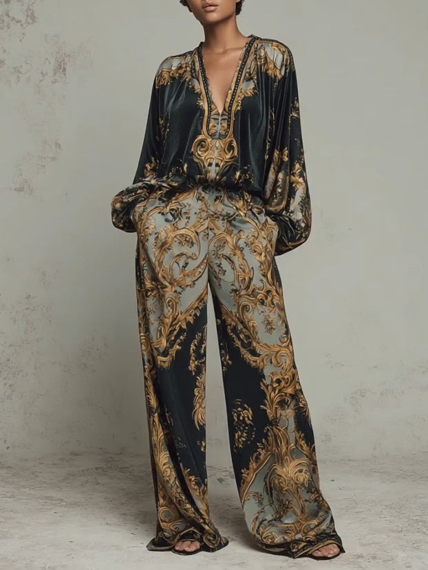 Joceline™ | Baroque Print Two-Piece Set with Wide-Leg Trousers and V-Neck Top