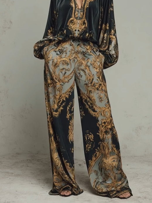 Joceline™ | Baroque Print Two-Piece Set with Wide-Leg Trousers and V-Neck Top