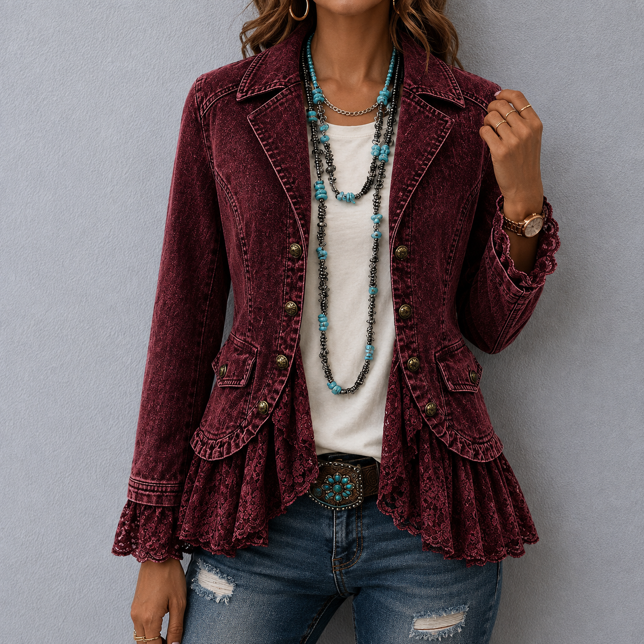 Ellowyn™ | Solid Collar Lace Ruffle Hem Jacket