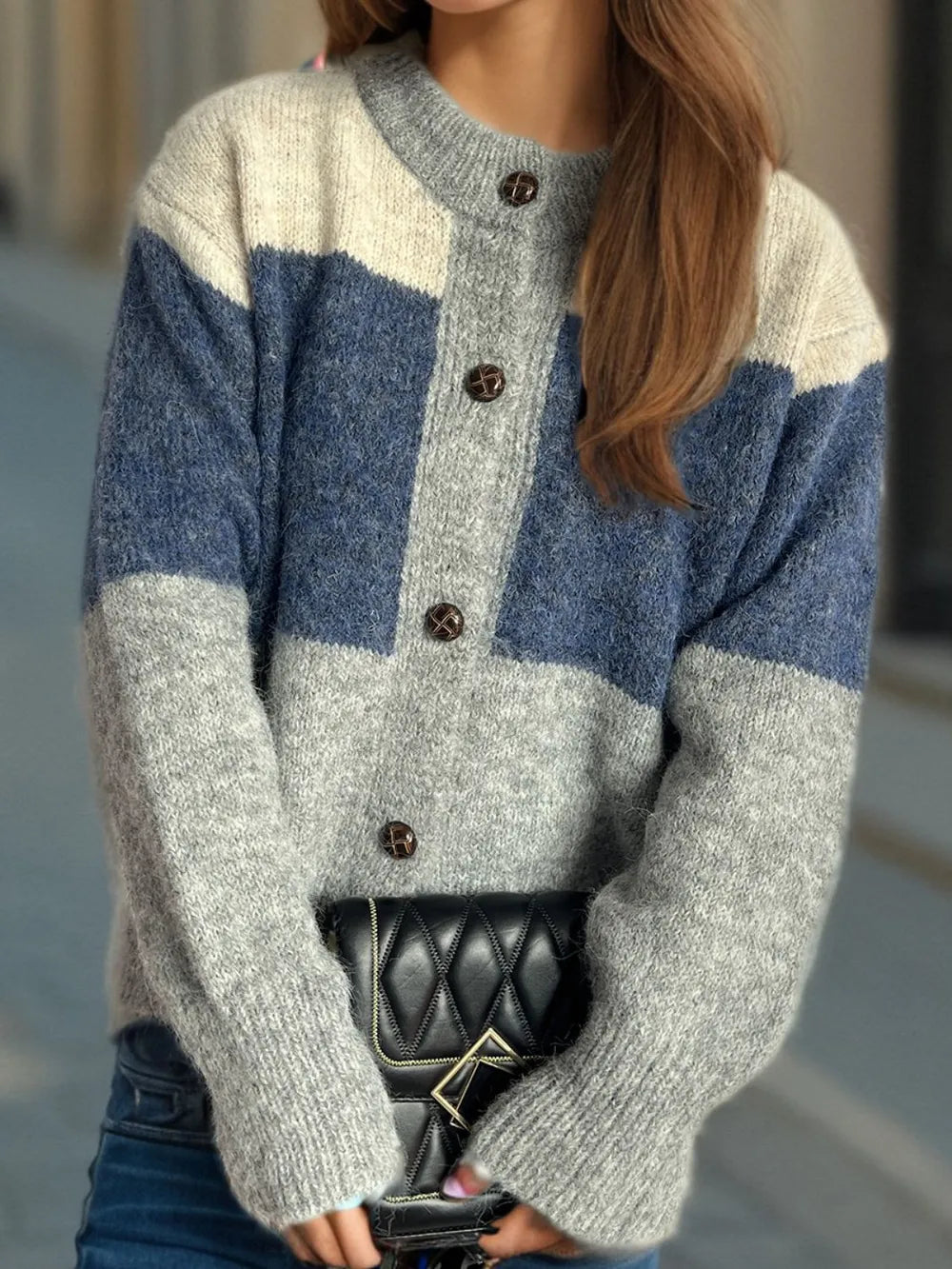 Elowyn™ | Color Block Round Neck Button-Up Cardigan