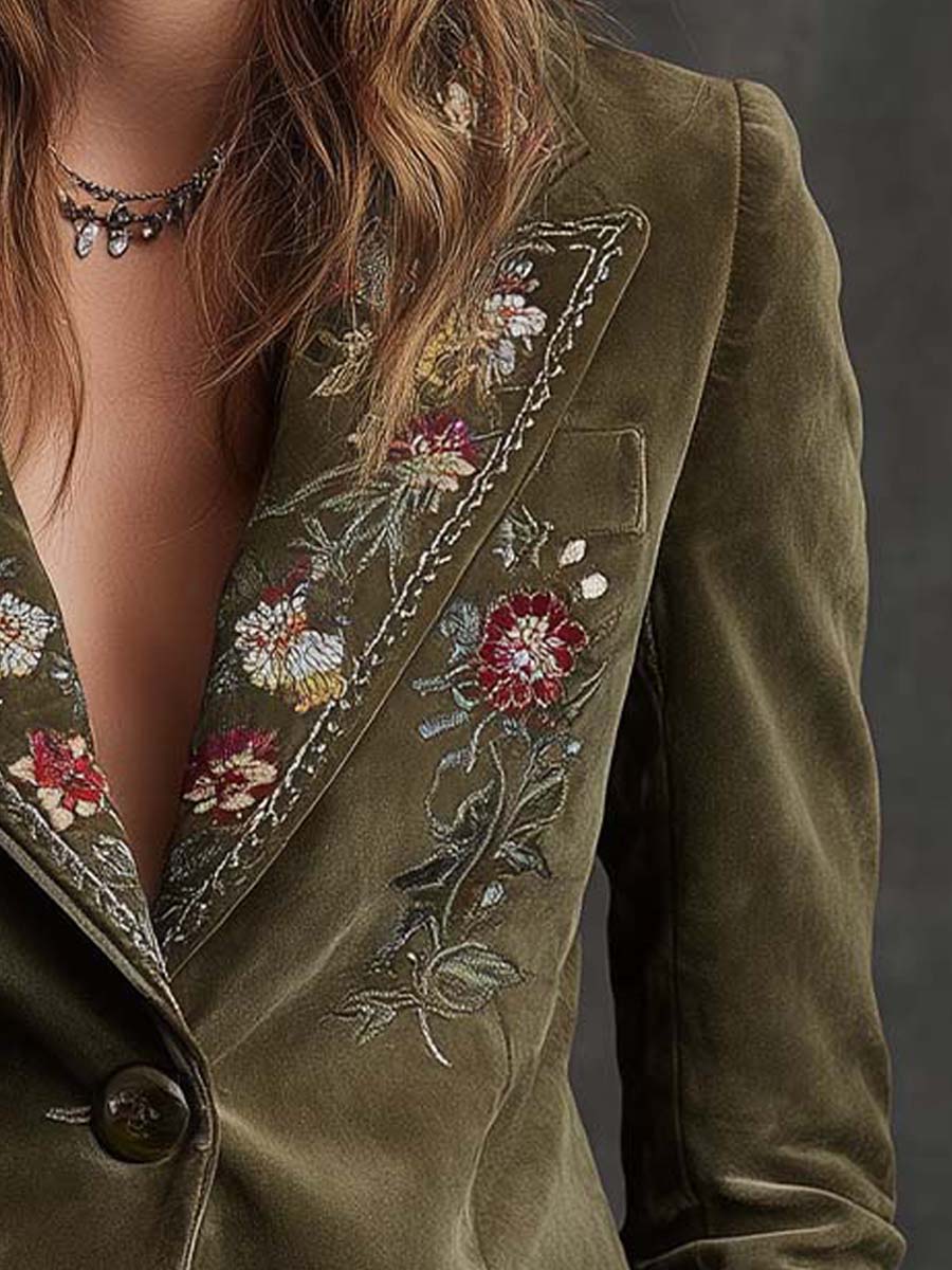 Edalvine™ | Olive Green Floral Embroidered Blazer