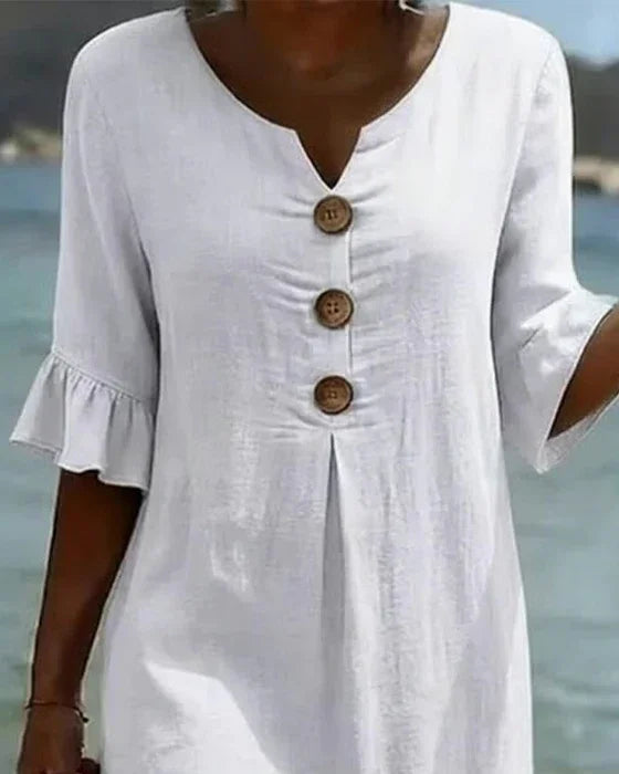 Vanesa | Vestito in Lino Texturato con Maniche a Sbuffo e Bottoni