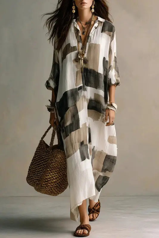 Nolaine™ | Abstract Print Maxi Shirt Dress