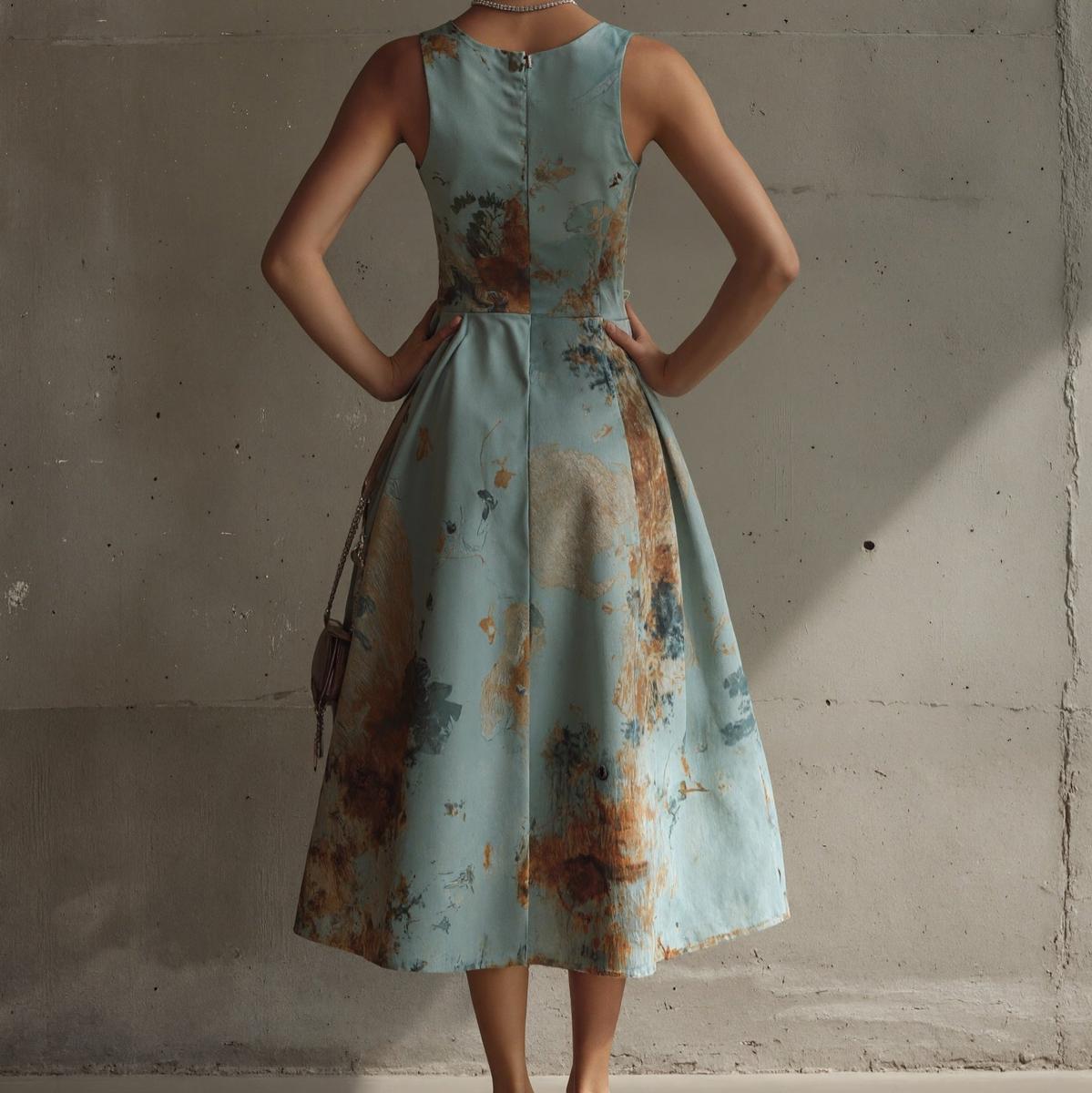 Genevieve™ | Elegant Abstract Print Sleeveless Midi Dress