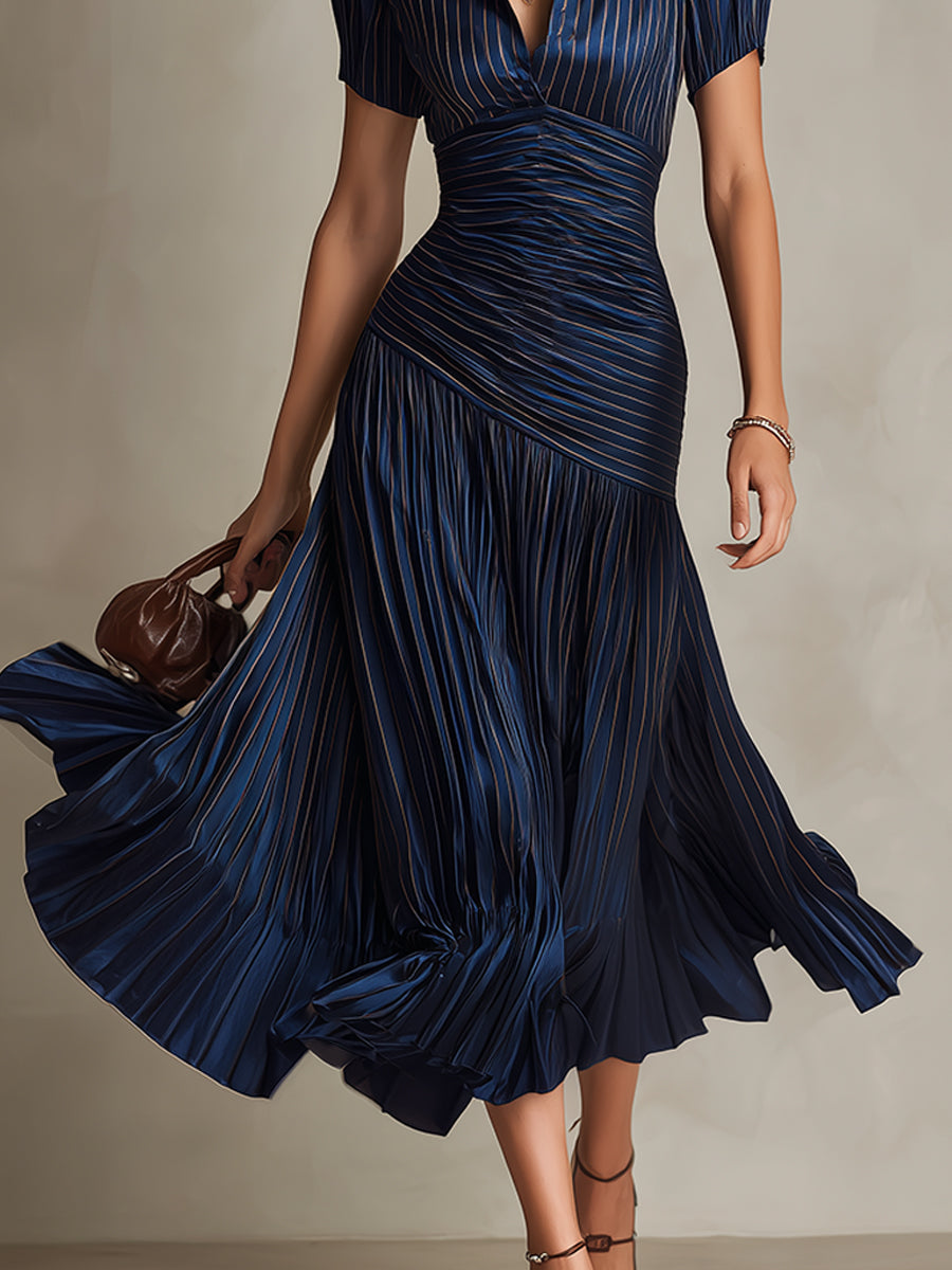 Eleanora | Retro Striped Satin Midi Dress
