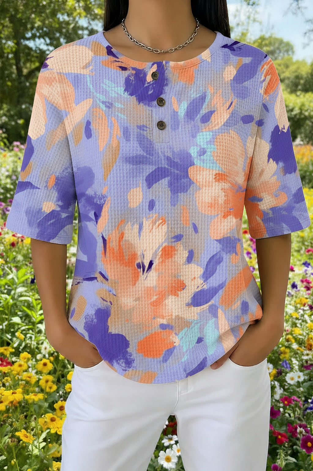 Evanora™ | Watercolor Floral Print Casual Henley Top