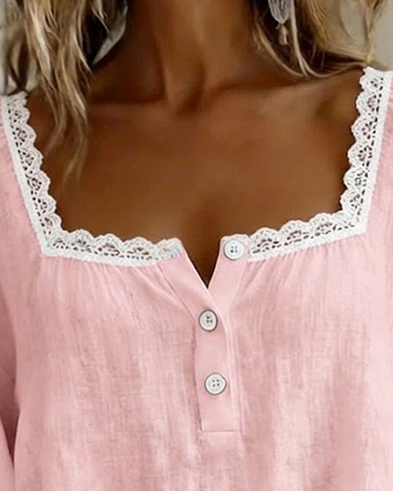 Trelaine™ | Lace-Trim Square Neck Blouse