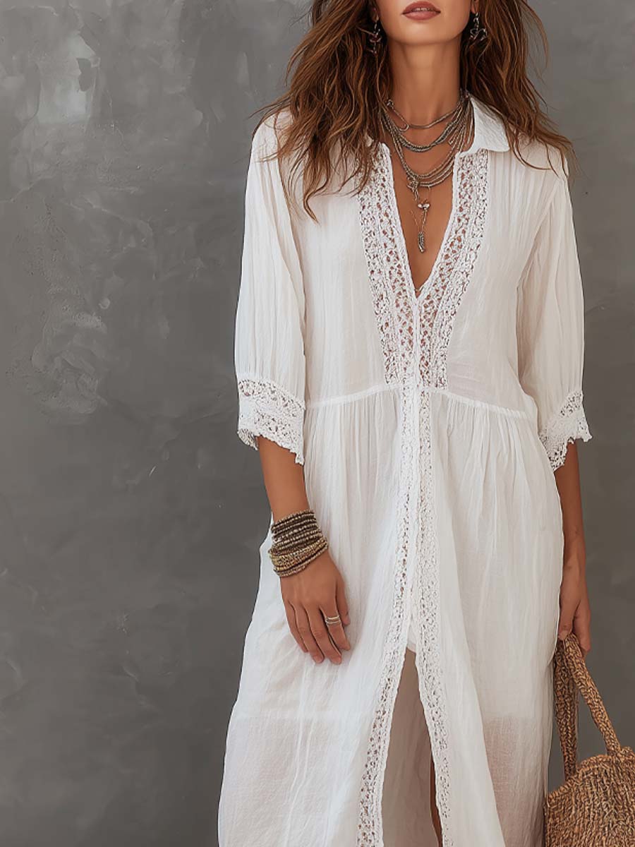 Kelowna™ | Vintage Lace-Trimmed Shirt Maxi Dress