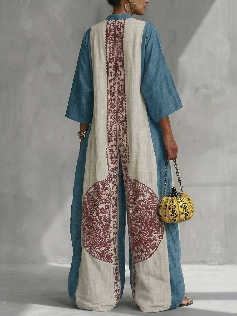 Romilda™ | Loose Three-Quarter Sleeve Contrast Color Ethnic Printed Pockets V-Neck Jumpsuit