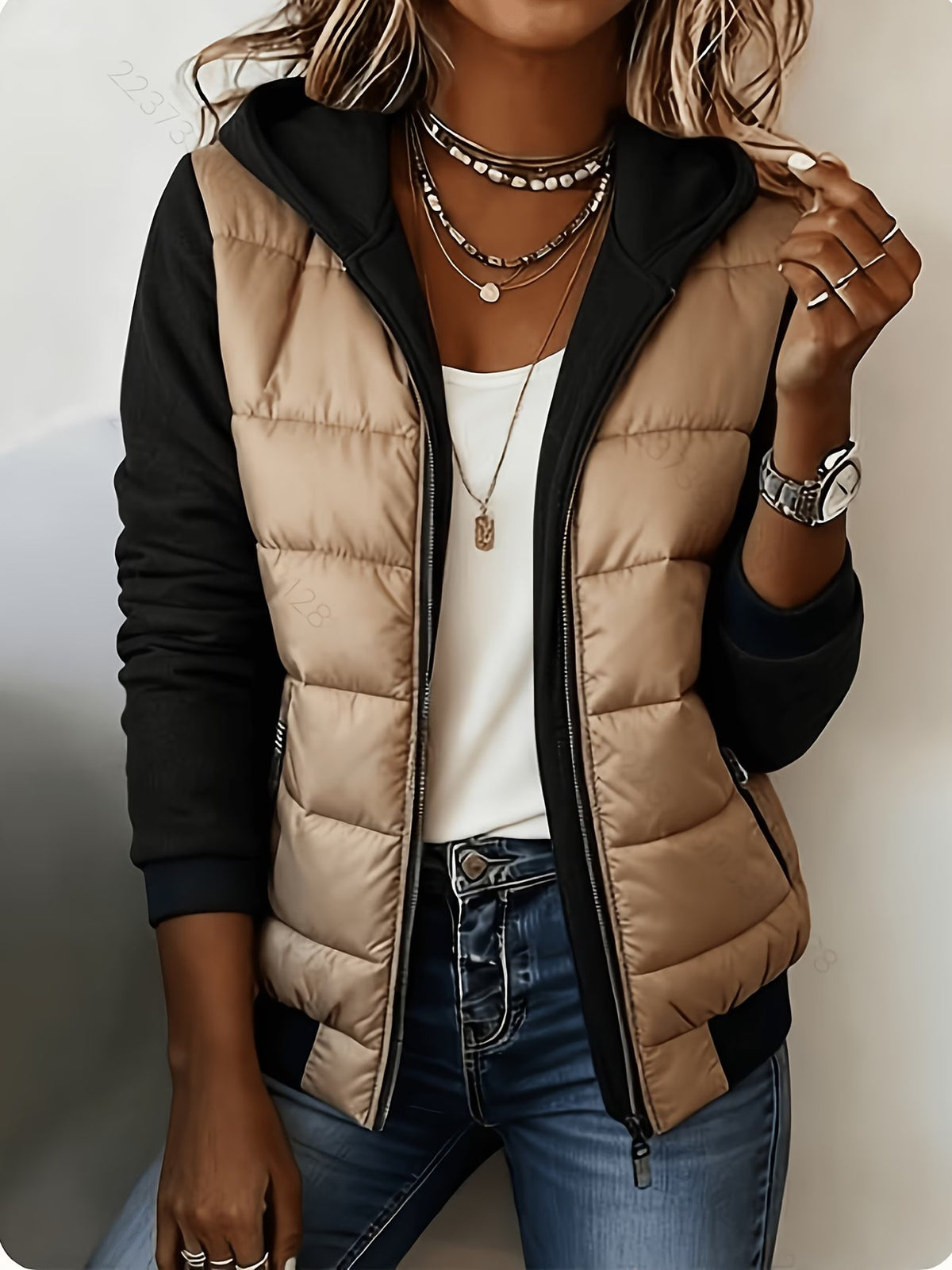 Estrelle™ | Hooded Puffer Jacket with Knit Sleeves