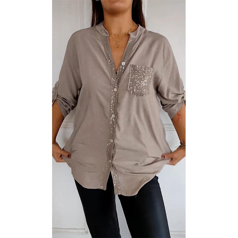 Lucette™ | Sequin Trim Button-Up Shirt
