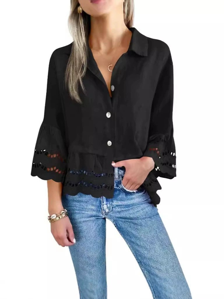 Bela™ | Scalloped Eyelet Blouse - Black