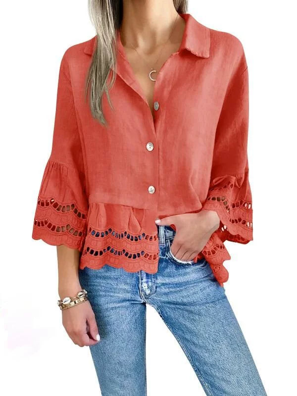 Bela™ | Scalloped Eyelet Blouse - Coral