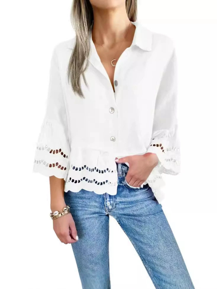 Bela™ | Scalloped Eyelet Blouse - White