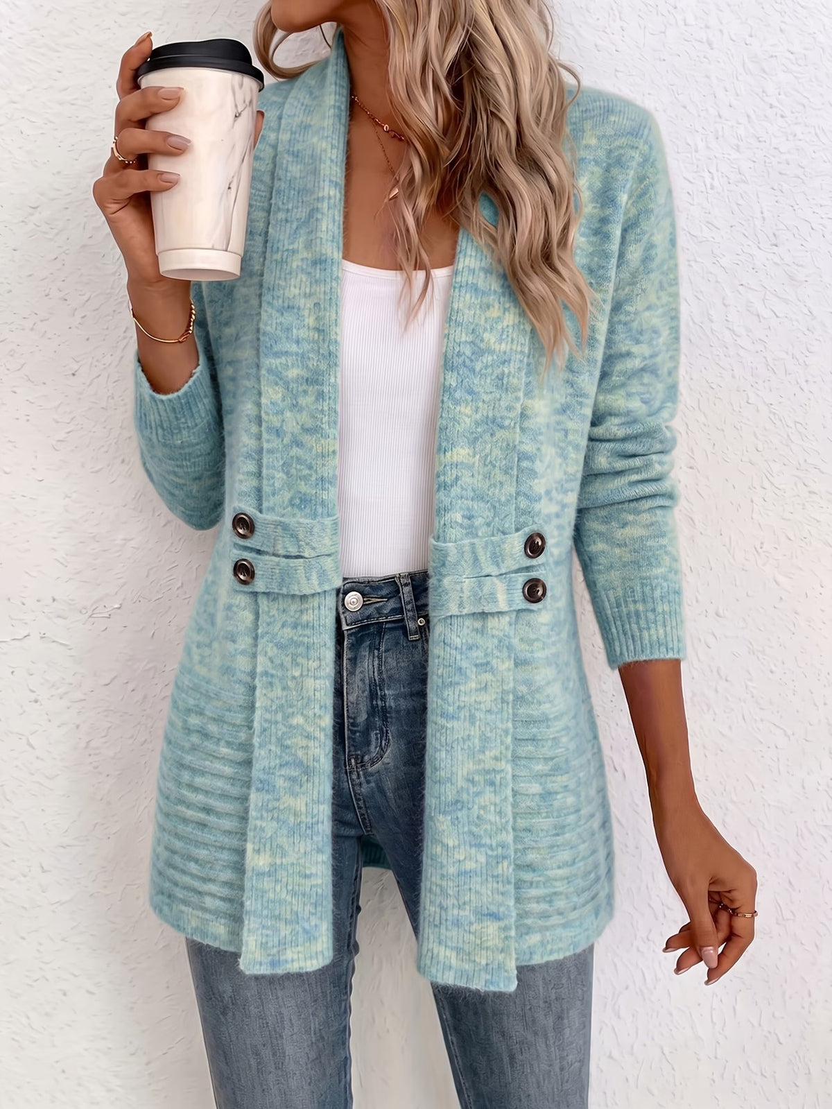Nova™ | Aqua Ribbed Knit Button-Tab Cardigan