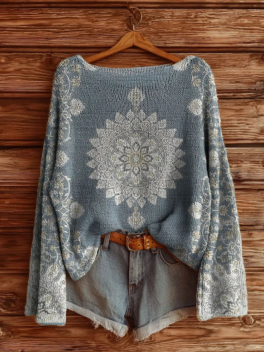 Maribeth™ | Light blue National style Flowers Print Women's Sweater