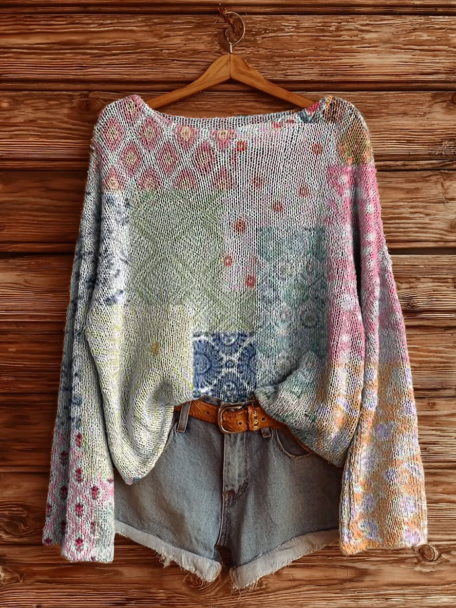 Umbrielle™ | Vintage Ethnic Floral Tattoo Print Sweater