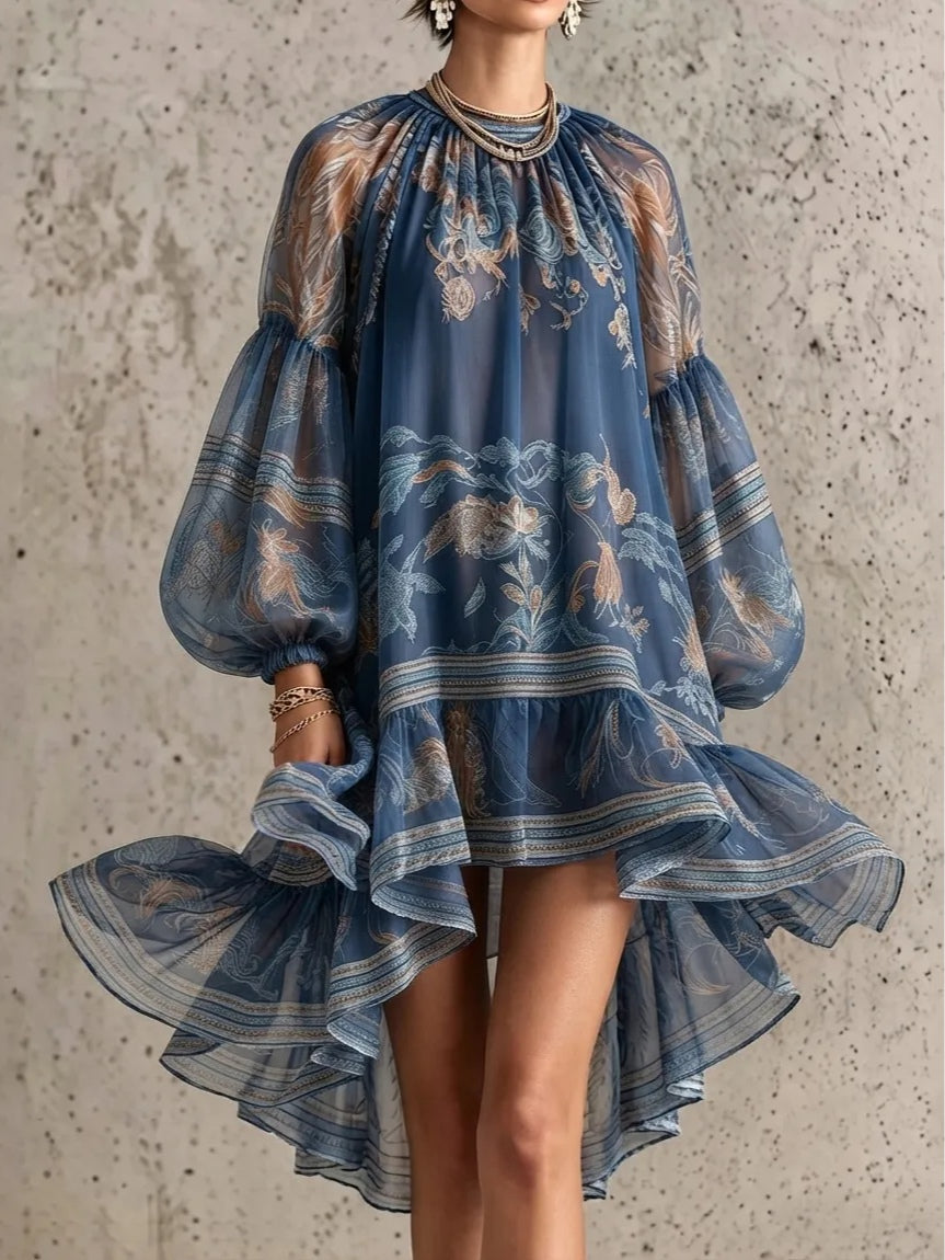 Orvana™ | Vintage Elegant Printed Long-Sleeve Loose Mini Dress
