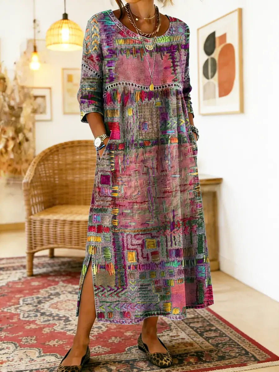Frondine™ | Patchwork Ethnic Midi Dress