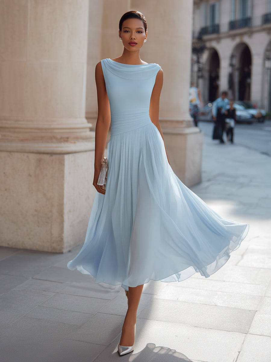 Kathleen™ | Draped Neckline Pleated Sleeveless Midi Dress