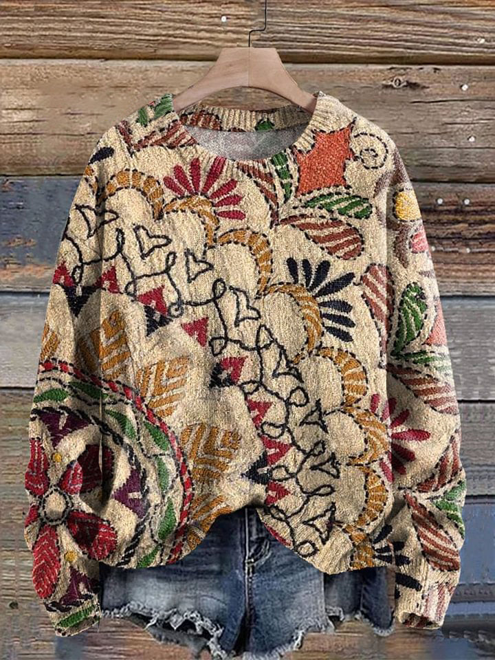 Orlanda™ | Vintage Floral Pattern Print Pullover Sweater