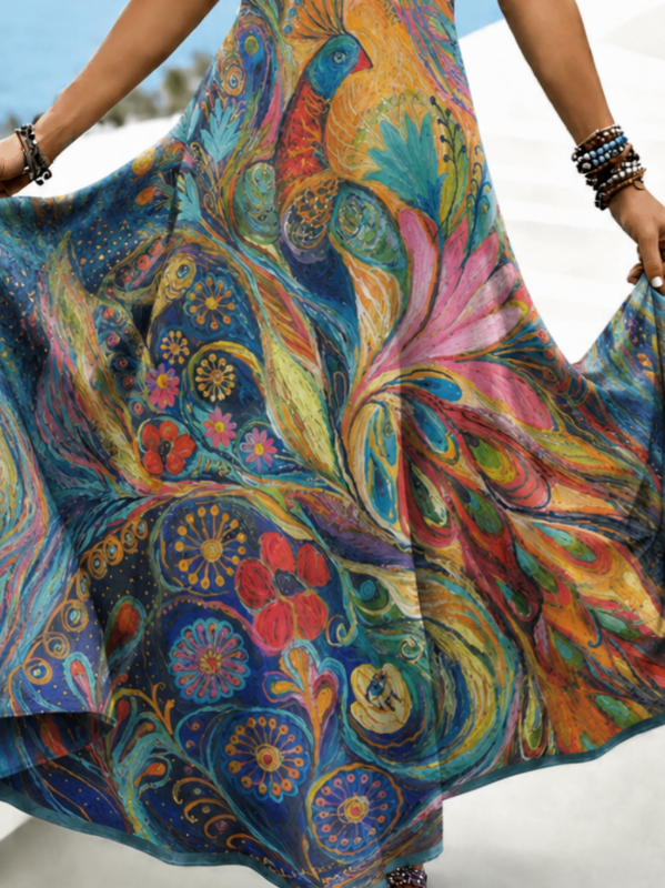 Talavera™ | Peacock Floral Print V-Neck Sleeveless A-Line Maxi Dress
