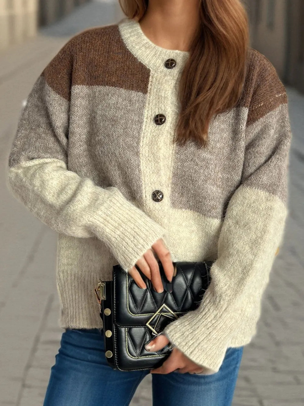 Elowyn™ | Color Block Round Neck Button-Up Cardigan