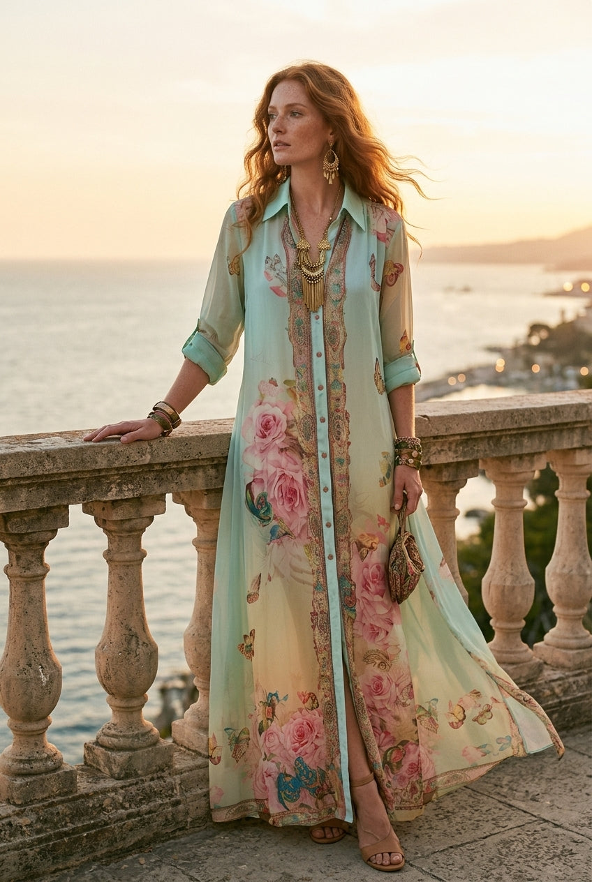 Ottilie™ | Baroque Style Mint Green Floral Maxi Dress