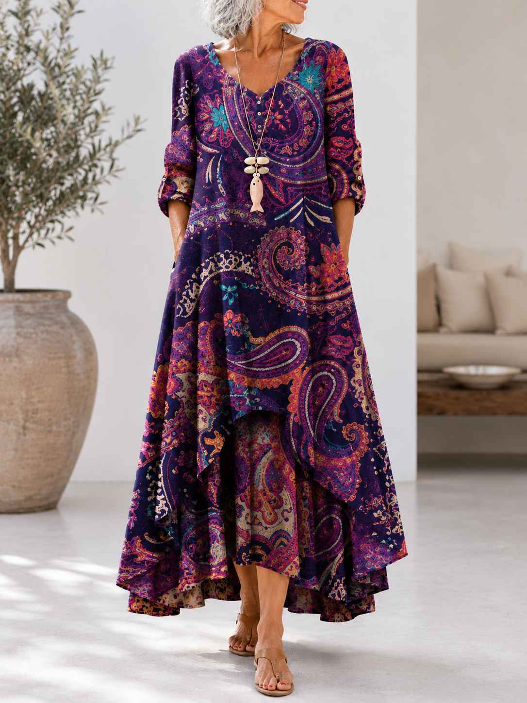 Dovima™ | Paisley Print Asymmetric Hem Dress