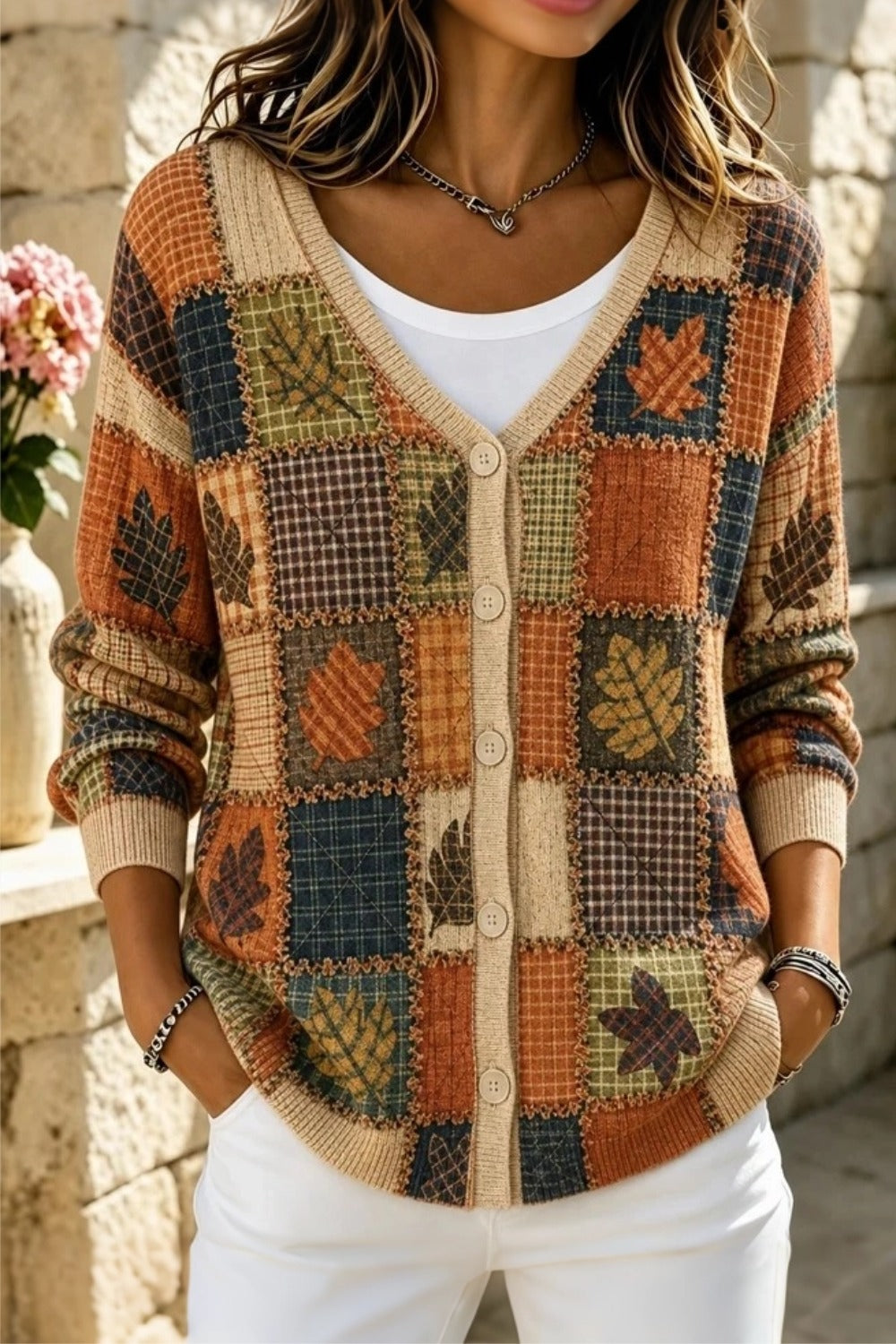Rowanelle™ | Leaf-Print Long Sleeve Cardigan